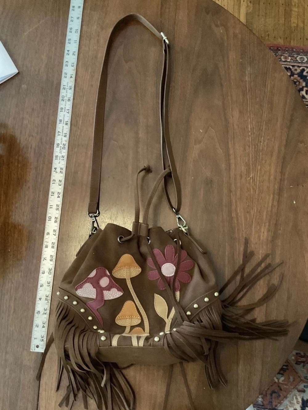 Current Mood Brown Faux Suede Hippie Mushroom Flower Crossbody Bag 2 Straps NEW